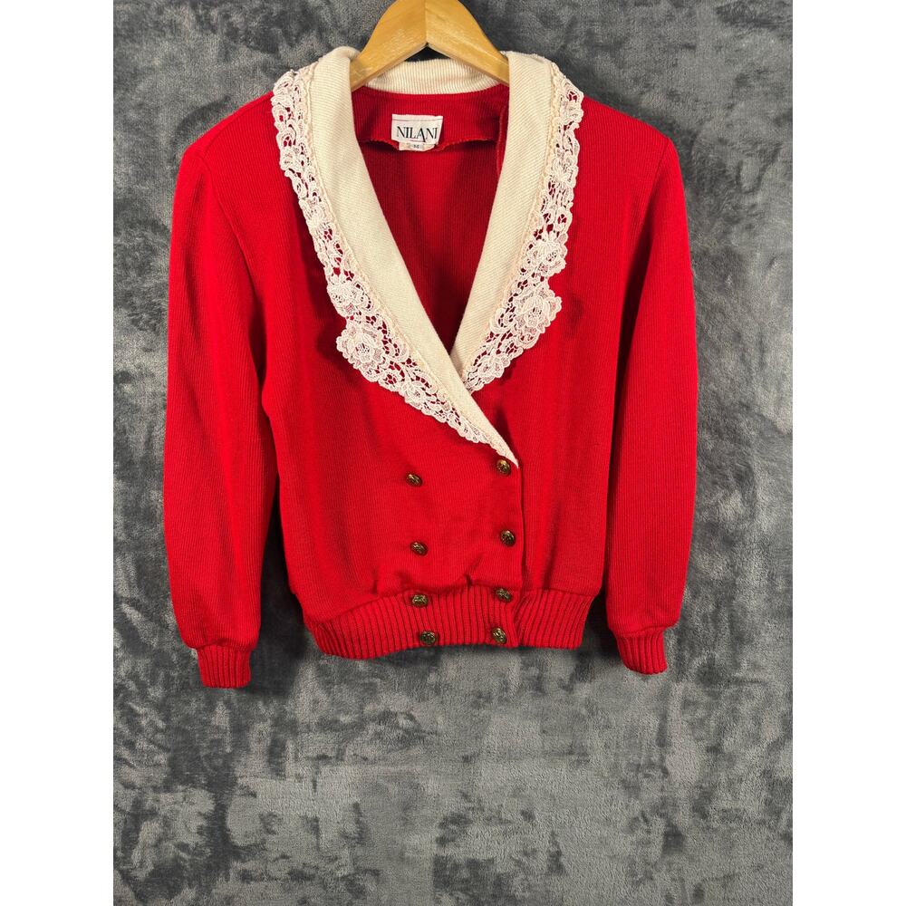 VTG 80s Nilani White Lace Collar/Double Breasted Red Cardigan MED USA Union Made